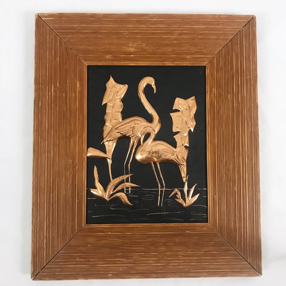 Vintage Flamingos Picture Copper relief and Wood framed 50s 60s MCM